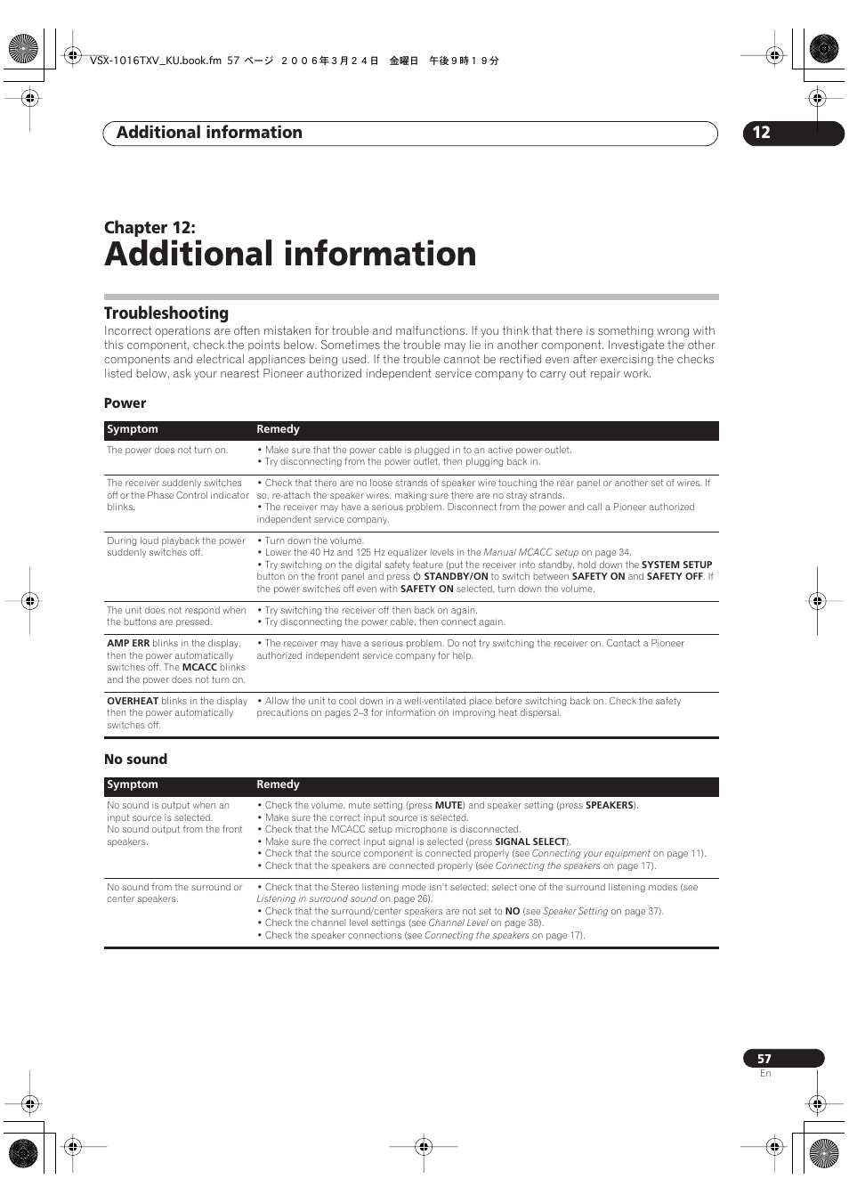 12 additional information, Troubleshooting, Power no sound | Additional information, Additional information 12, Chapter 12 | Pioneer VSX-1016TXV-K User Manual | Page 57 / 68