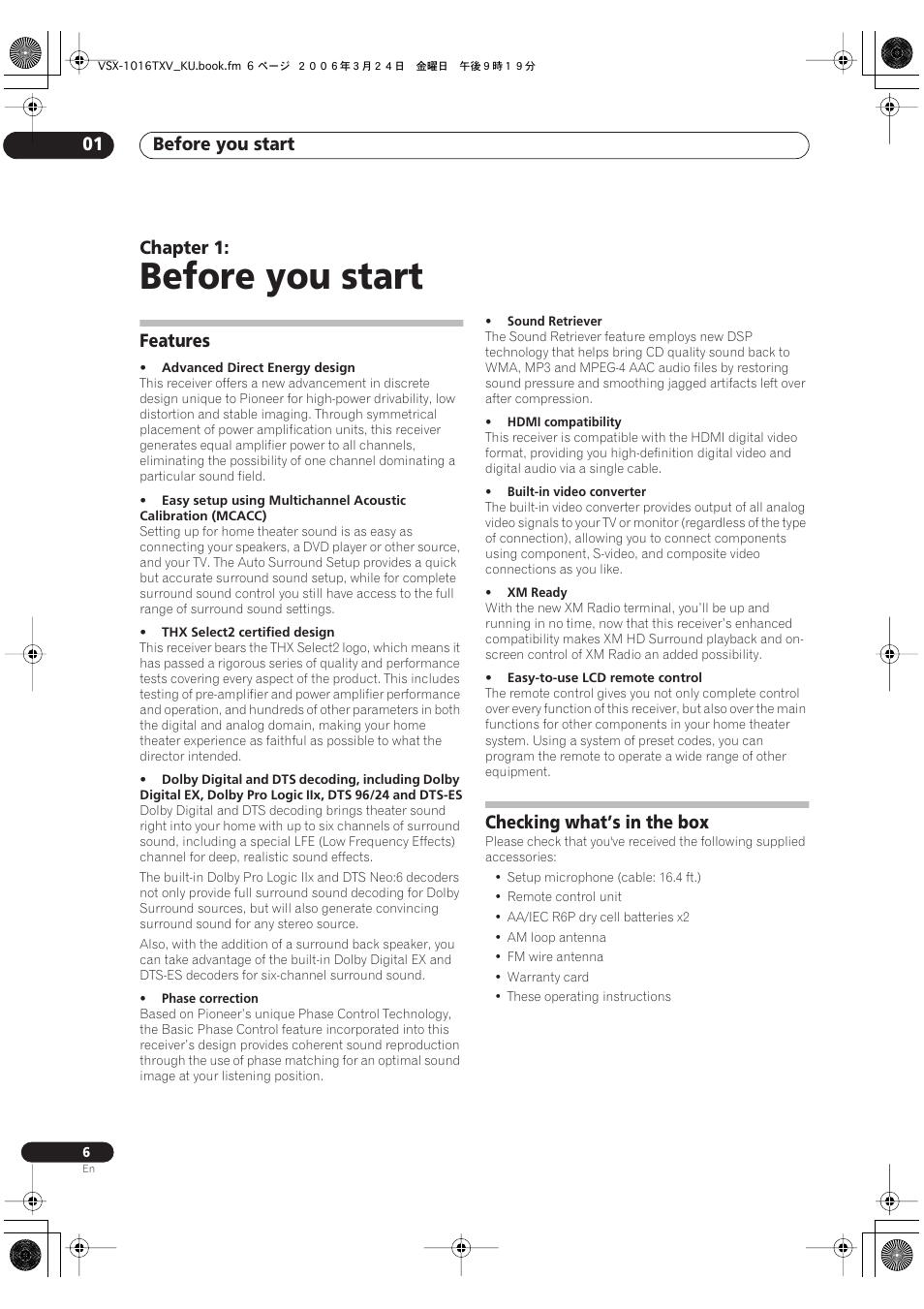 01 before you start, Features checking what’s in the box, Before you start | Before you start 01, Chapter 1, Features, Checking what’s in the box | Pioneer VSX-1016TXV-K User Manual | Page 6 / 68