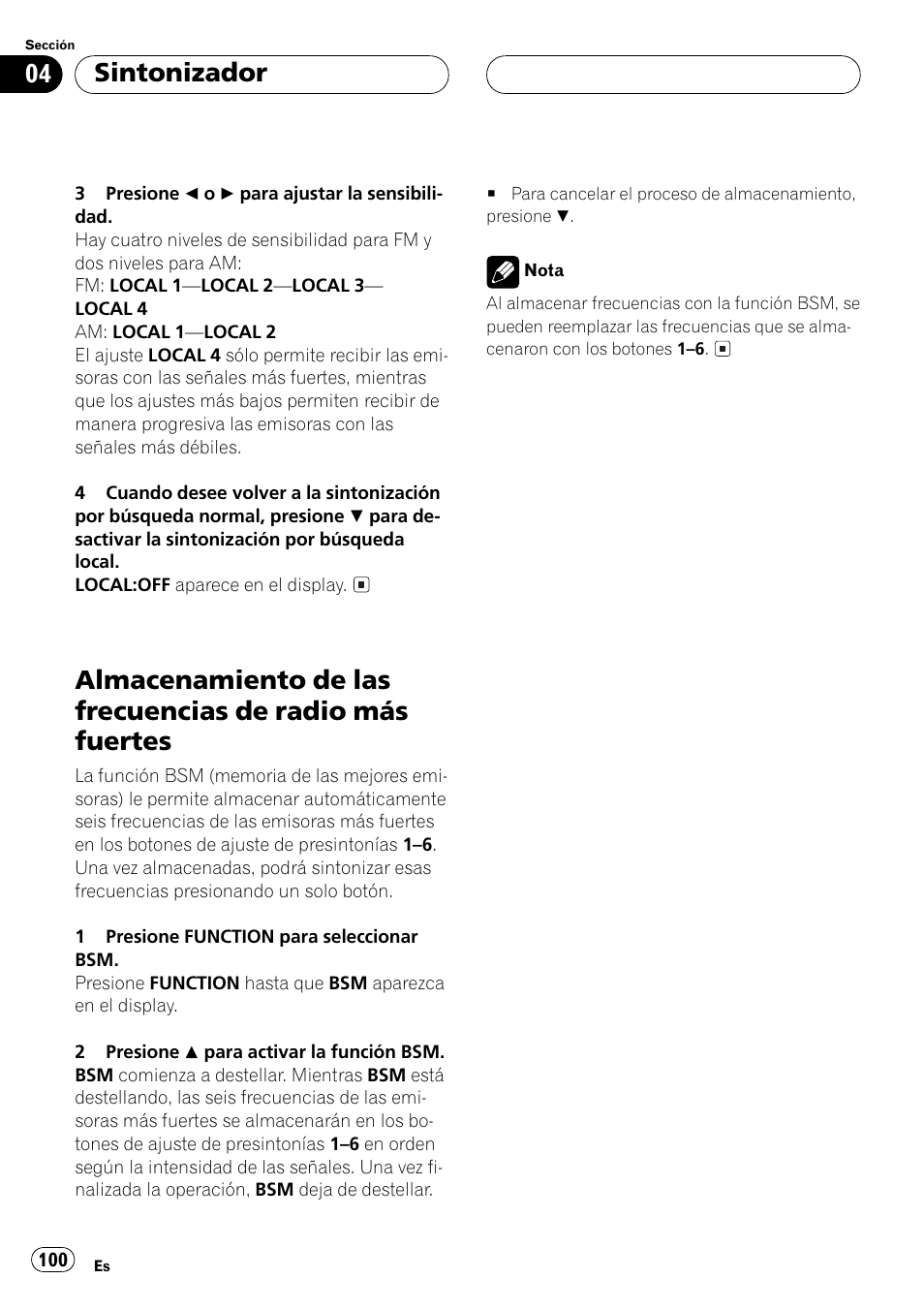 Almacenamiento de las frecuencias de radio, Más fuertes 100, Sintonizador | Pioneer DEH P4500MP User Manual | Page 100 / 136