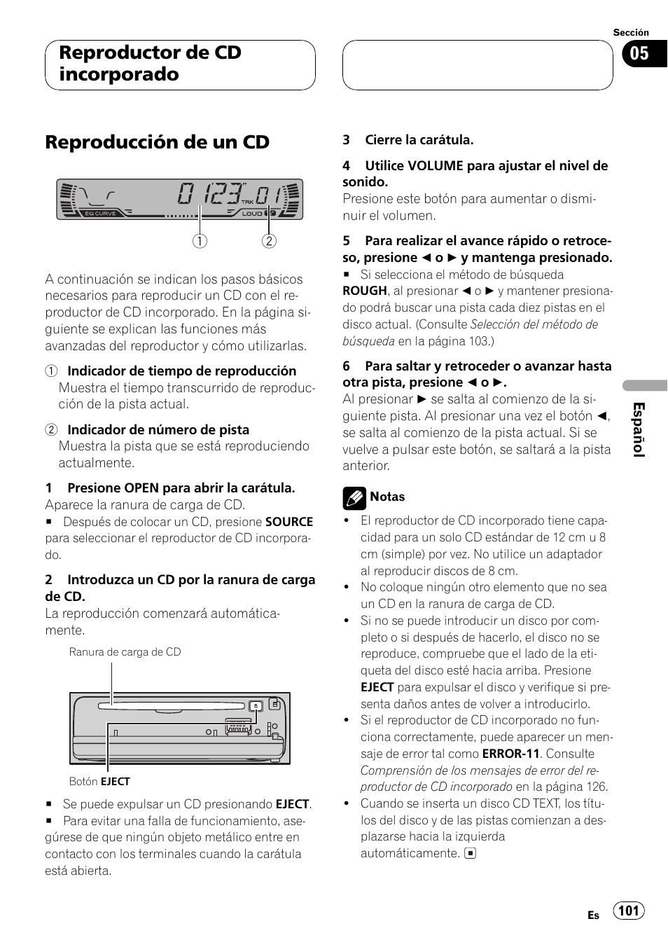 Reproductor de cd incorporado, Reproducción de un cd 101, Reproducción de un cd | Pioneer DEH P4500MP User Manual | Page 101 / 136