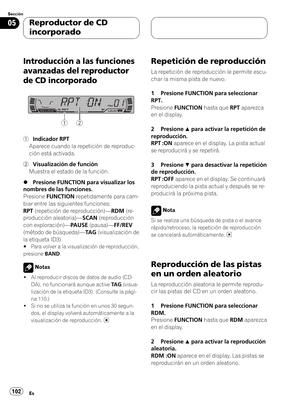 Introducción a las funciones avanzadas del, Reproductor de cd incorporado 102, Repetición de reproducción 102 | Reproducción de las pistas en un orden, Aleatorio 102, Guiente, Repetición de reproducción, Reproducción de las pistas en un orden aleatorio, Reproductor de cd incorporado | Pioneer DEH P4500MP User Manual | Page 102 / 136