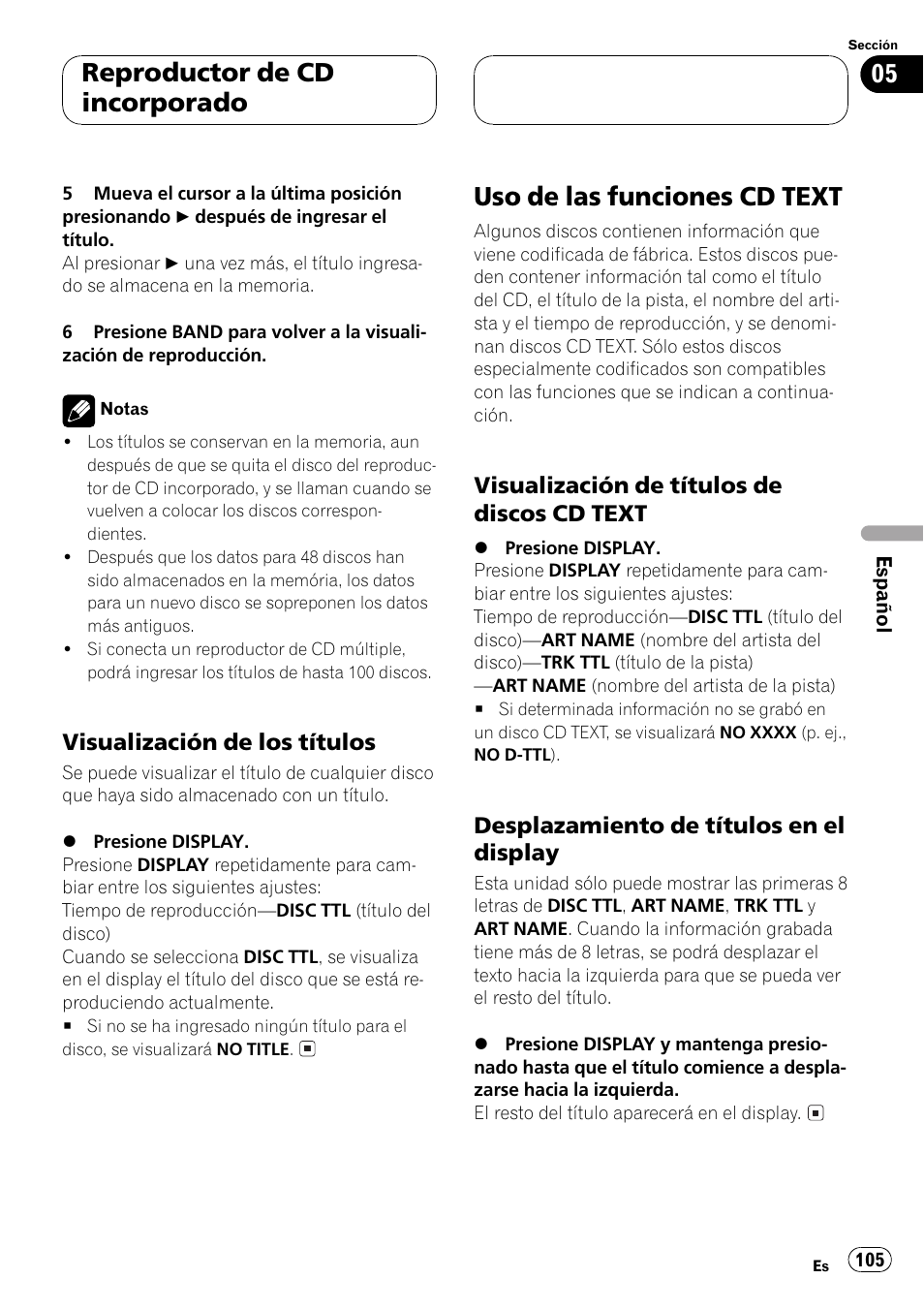 Visualización de los títulos 105, Uso de las funciones cd text 105, Visualización de títulos de discos cd | Text 105, Desplazamiento de títulos en el, Display 105, Uso de las funciones cd text, Reproductor de cd incorporado | Pioneer DEH P4500MP User Manual | Page 105 / 136