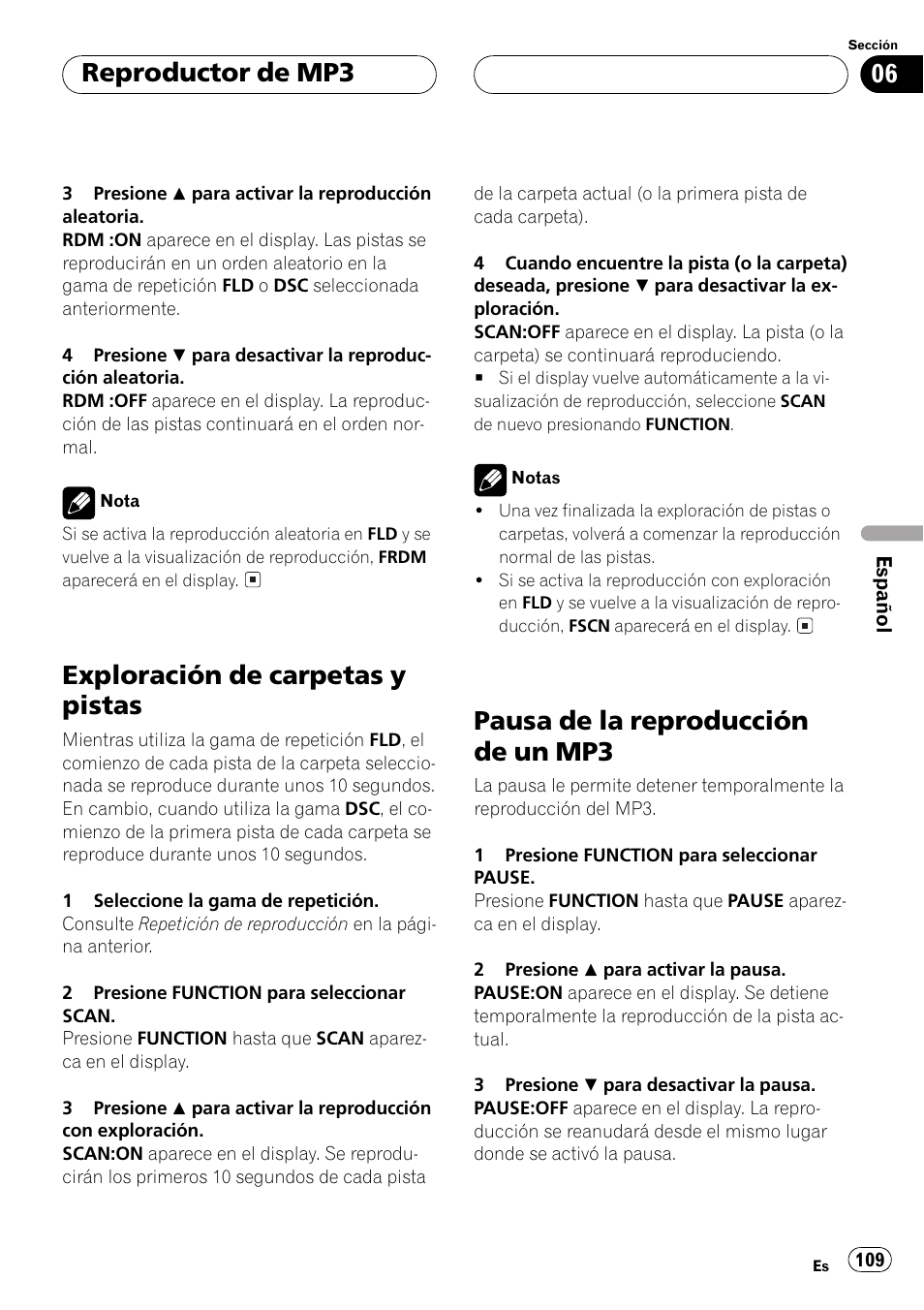 Exploración de carpetas y pistas 109, Pausa de la reproducción de un mp3 109, Exploración de carpetas y pistas | Pausa de la reproducción de un mp3, Reproductor de mp3 | Pioneer DEH P4500MP User Manual | Page 109 / 136