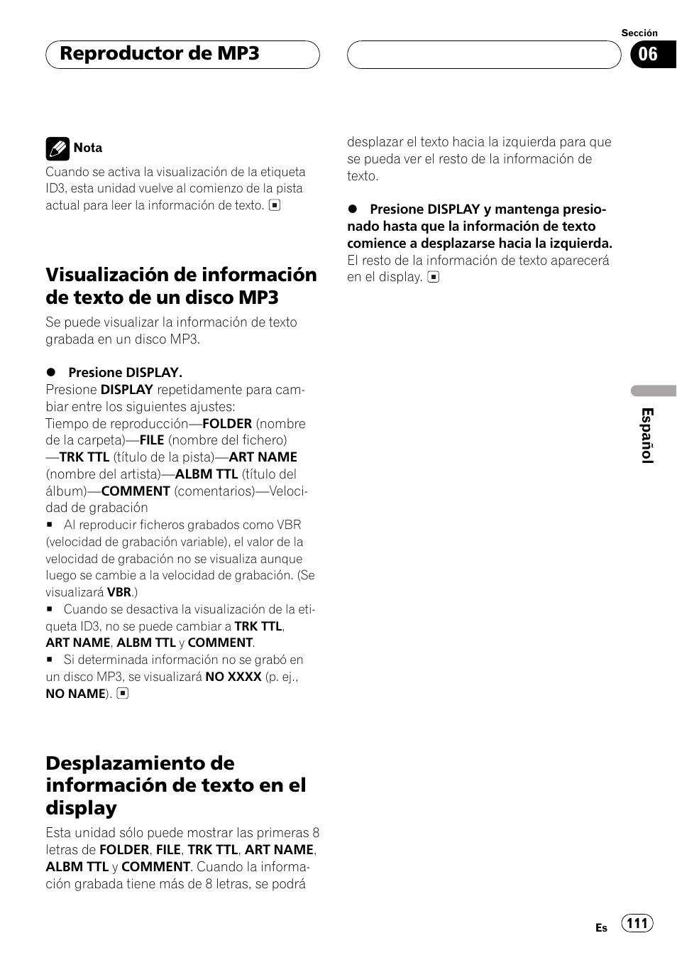 Visualización de información de texto de un, Disco mp3 111, Desplazamiento de información de texto en | El display 111, Reproductor de mp3 | Pioneer DEH P4500MP User Manual | Page 111 / 136