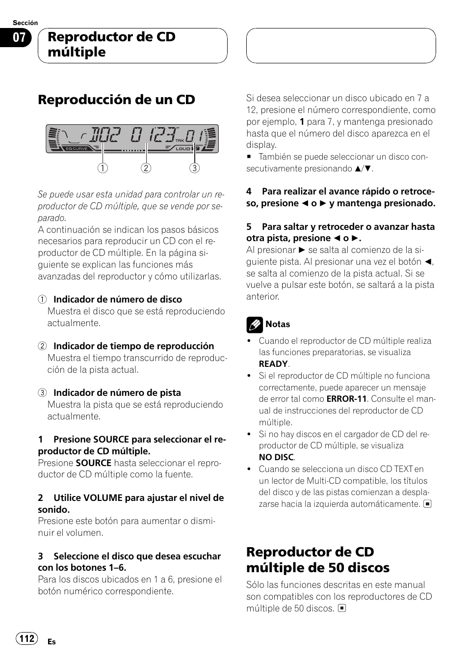 Reproductor de cd múltiple, Reproducción de un cd 112, Reproductor de cd múltiple de 50 | Discos 112, Reproducción de un cd, Reproductor de cd múltiple de 50 discos | Pioneer DEH P4500MP User Manual | Page 112 / 136