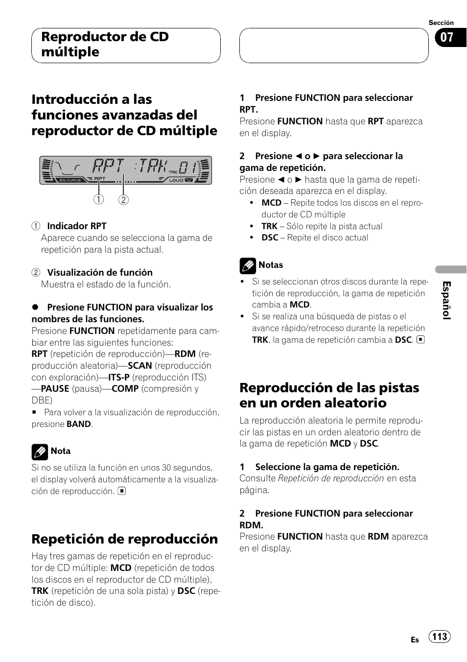 Introducción a las funciones avanzadas del, Reproductor de cd múltiple 113, Repetición de reproducción 113 | Reproducción de las pistas en un orden, Aleatorio 113, Repetición de reproducción, Reproducción de las pistas en un orden aleatorio, Reproductor de cd múltiple | Pioneer DEH P4500MP User Manual | Page 113 / 136