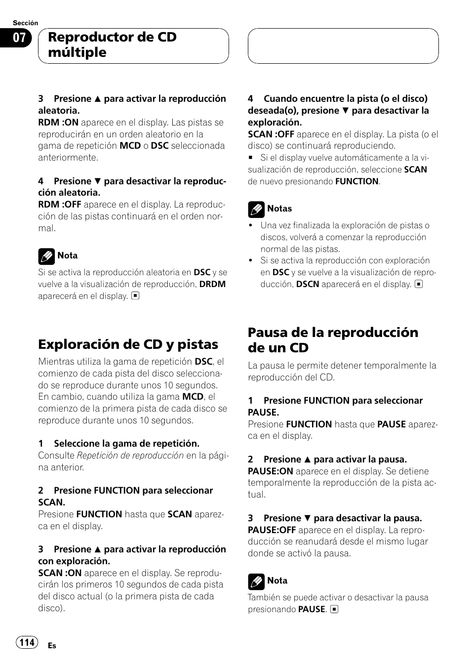 Exploración de cd y pistas 114, Pausa de la reproducción de un cd 114, Exploración de cd y pistas | Pausa de la reproducción de un cd, Reproductor de cd múltiple | Pioneer DEH P4500MP User Manual | Page 114 / 136