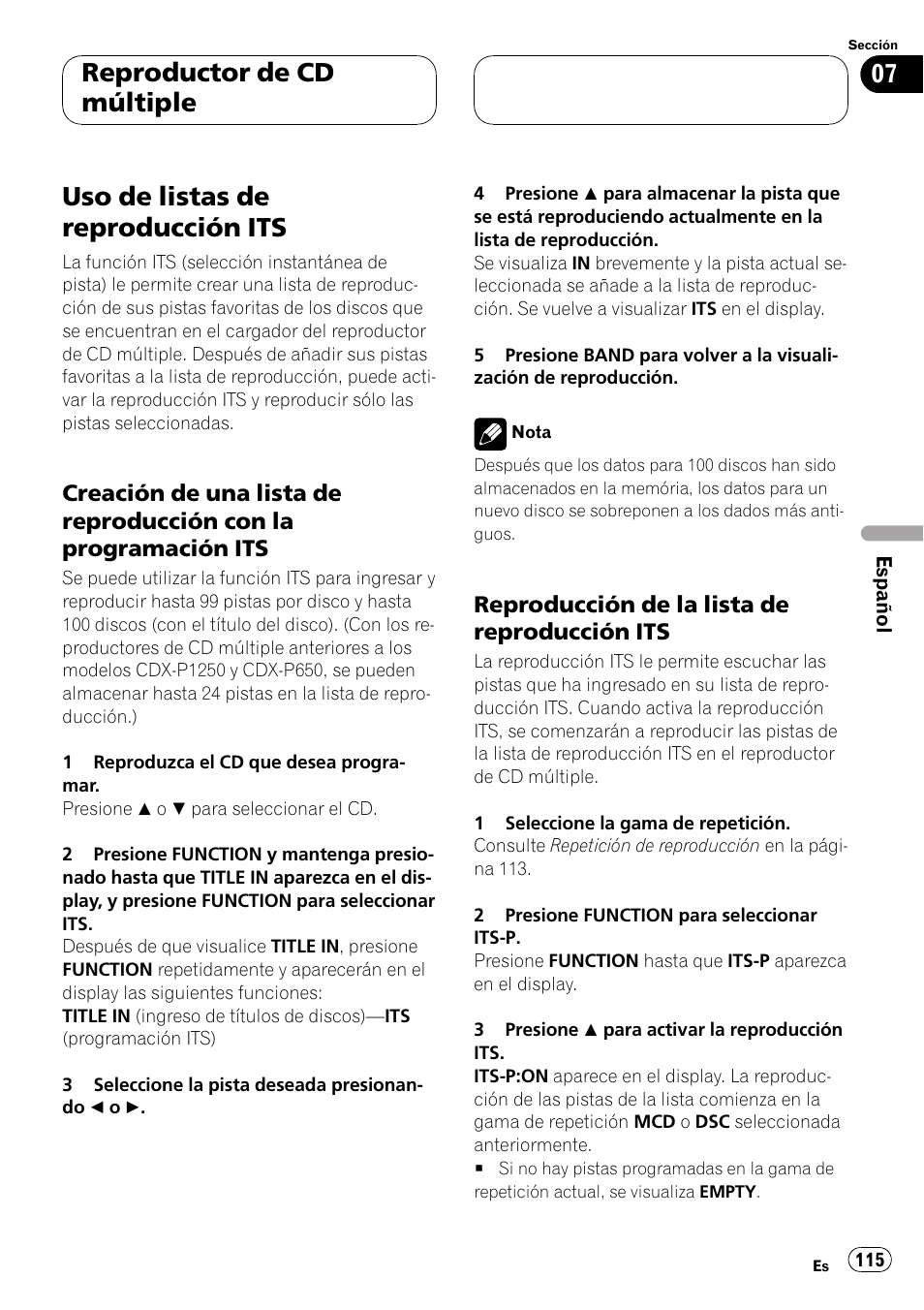 Uso de listas de reproducción its 115, Creación de una lista de reproducción, Con la programación its 115 | Reproducción de la lista de, Reproducción its 115, Uso de listas de reproducción its, Reproductor de cd múltiple | Pioneer DEH P4500MP User Manual | Page 115 / 136