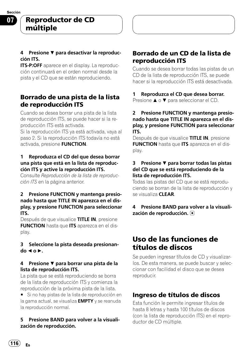 Borrado de una pista de la lista de, Reproducción its 116, Borrado de un cd de la lista de | Uso de las funciones de títulos de, Discos 116, Ingreso de títulos de discos 116, Uso de las funciones de títulos de discos, Reproductor de cd múltiple | Pioneer DEH P4500MP User Manual | Page 116 / 136