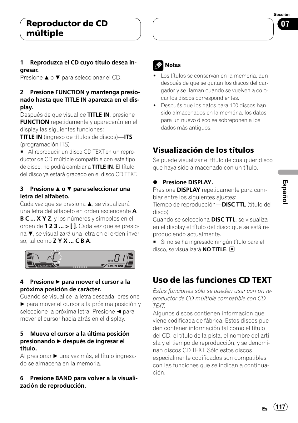 Visualización de los títulos 117, Uso de las funciones cd text 117, Uso de las funciones cd text | Reproductor de cd múltiple, Visualización de los títulos | Pioneer DEH P4500MP User Manual | Page 117 / 136