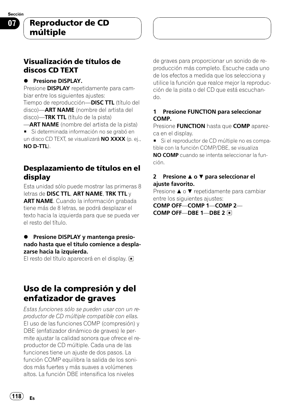 Visualización de títulos de discos cd, Text 118, Desplazamiento de títulos en el | Display 118, Uso de la compresión y del enfatizador de, Graves 118, Uso de la compresión y del enfatizador de graves, Reproductor de cd múltiple | Pioneer DEH P4500MP User Manual | Page 118 / 136