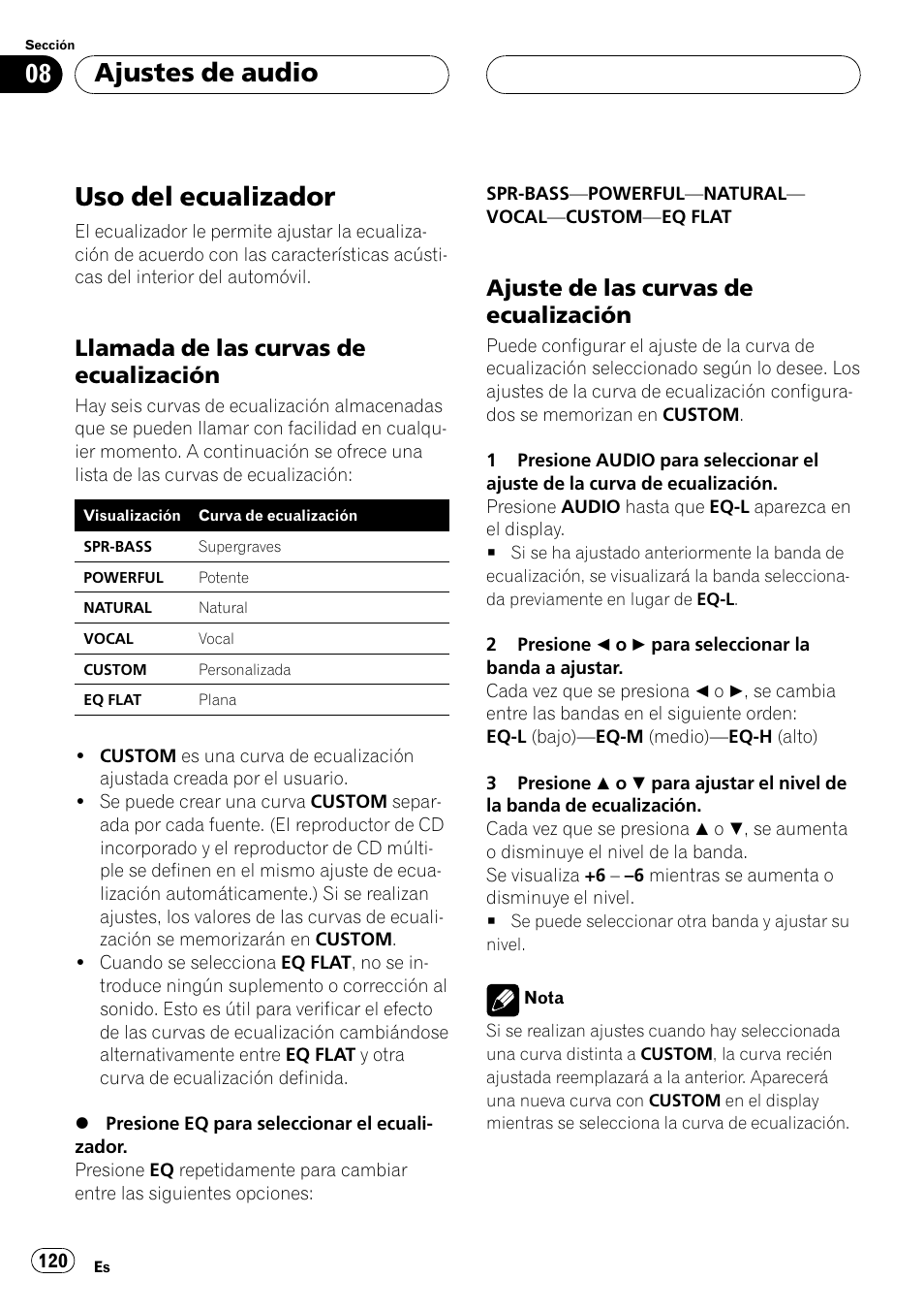 Uso del ecualizador 120, Llamada de las curvas de, Ecualización 120 | Ajuste de las curvas de, Uso del ecualizador, Ajustes de audio, Llamada de las curvas de ecualización, Ajuste de las curvas de ecualización | Pioneer DEH P4500MP User Manual | Page 120 / 136