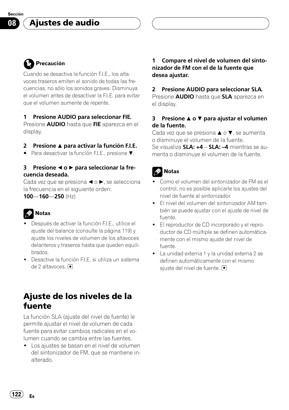 Ajuste de los niveles de la fuente 122, Ajuste de los niveles de la fuente, Ajustes de audio | Pioneer DEH P4500MP User Manual | Page 122 / 136