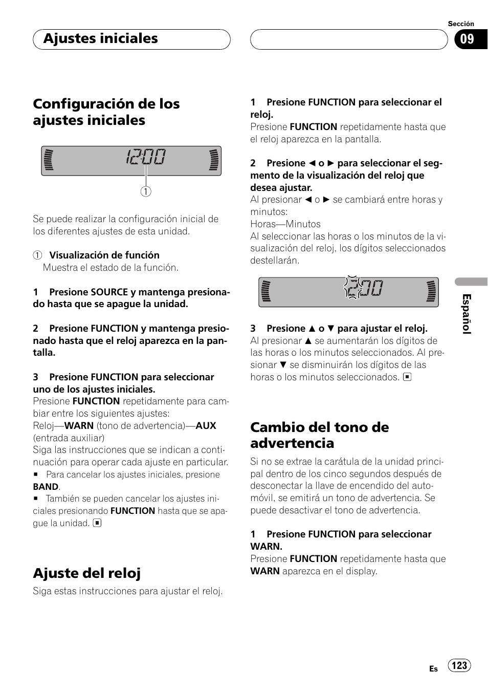 Ajustes iniciales, Configuración de los ajustes iniciales 123, Ajuste del reloj 123 | Cambio del tono de advertencia 123, Configuración de los ajustes iniciales, Ajuste del reloj, Cambio del tono de advertencia | Pioneer DEH P4500MP User Manual | Page 123 / 136
