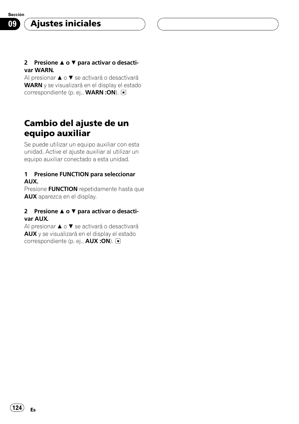 Cambio del ajuste de un equipo, Auxiliar 124, Cambio del ajuste de un equipo auxiliar | Ajustes iniciales | Pioneer DEH P4500MP User Manual | Page 124 / 136