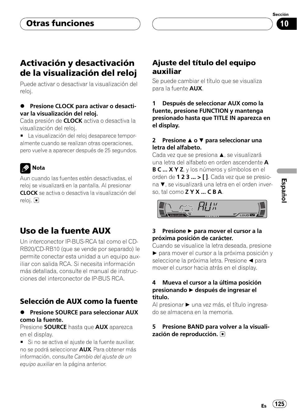 Otras funciones, Activación y desactivación de la visualización, Del reloj 125 | Uso de la fuente aux 125, Selección de aux como la, Fuente 125, Ajuste del título del equipo, Auxiliar 125, Uso de la fuente aux | Pioneer DEH P4500MP User Manual | Page 125 / 136