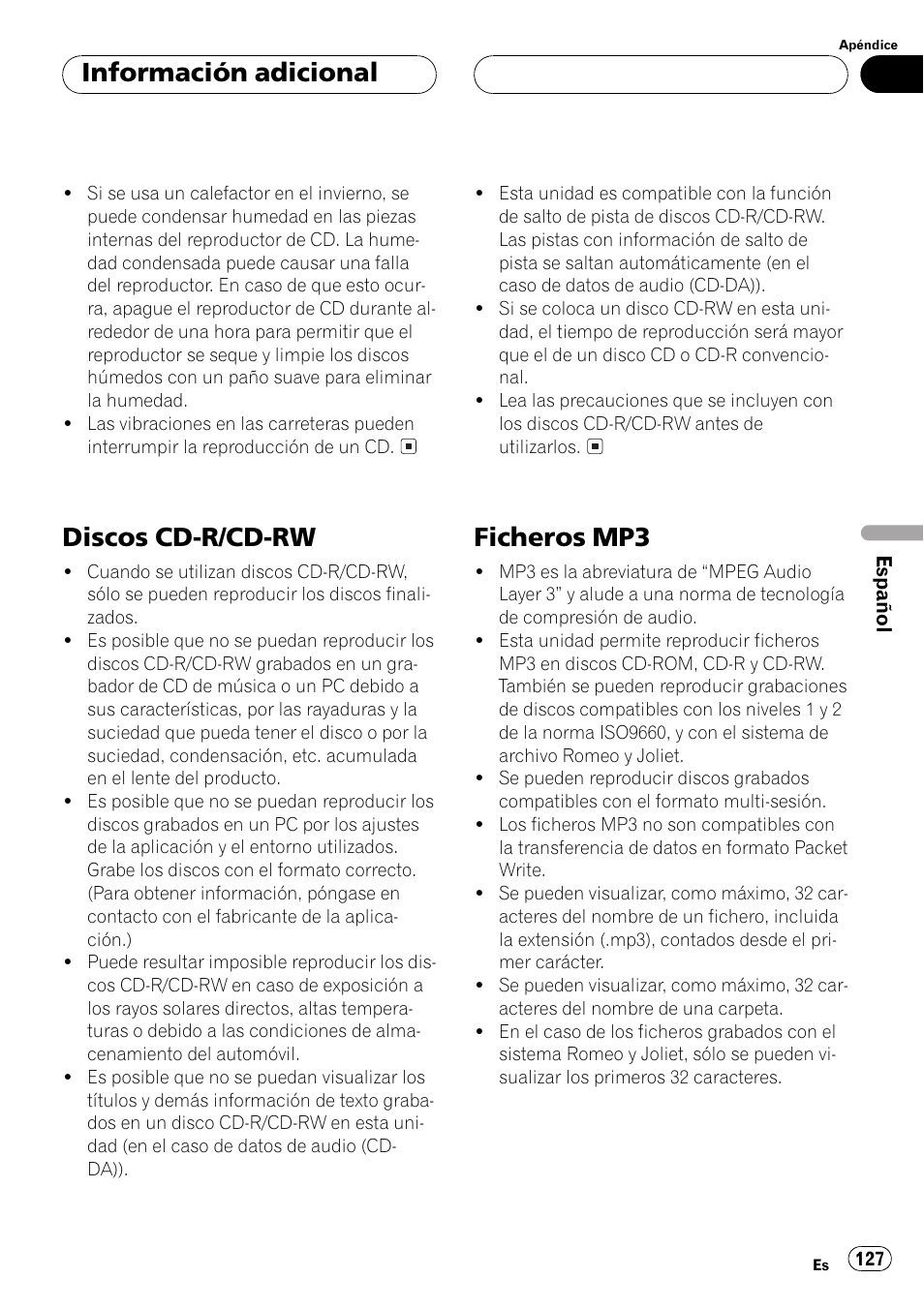 Discos cd-r/cd-rw 127, Ficheros mp3 127, Discos cd-r/cd-rw | Ficheros mp3, Información adicional | Pioneer DEH P4500MP User Manual | Page 127 / 136