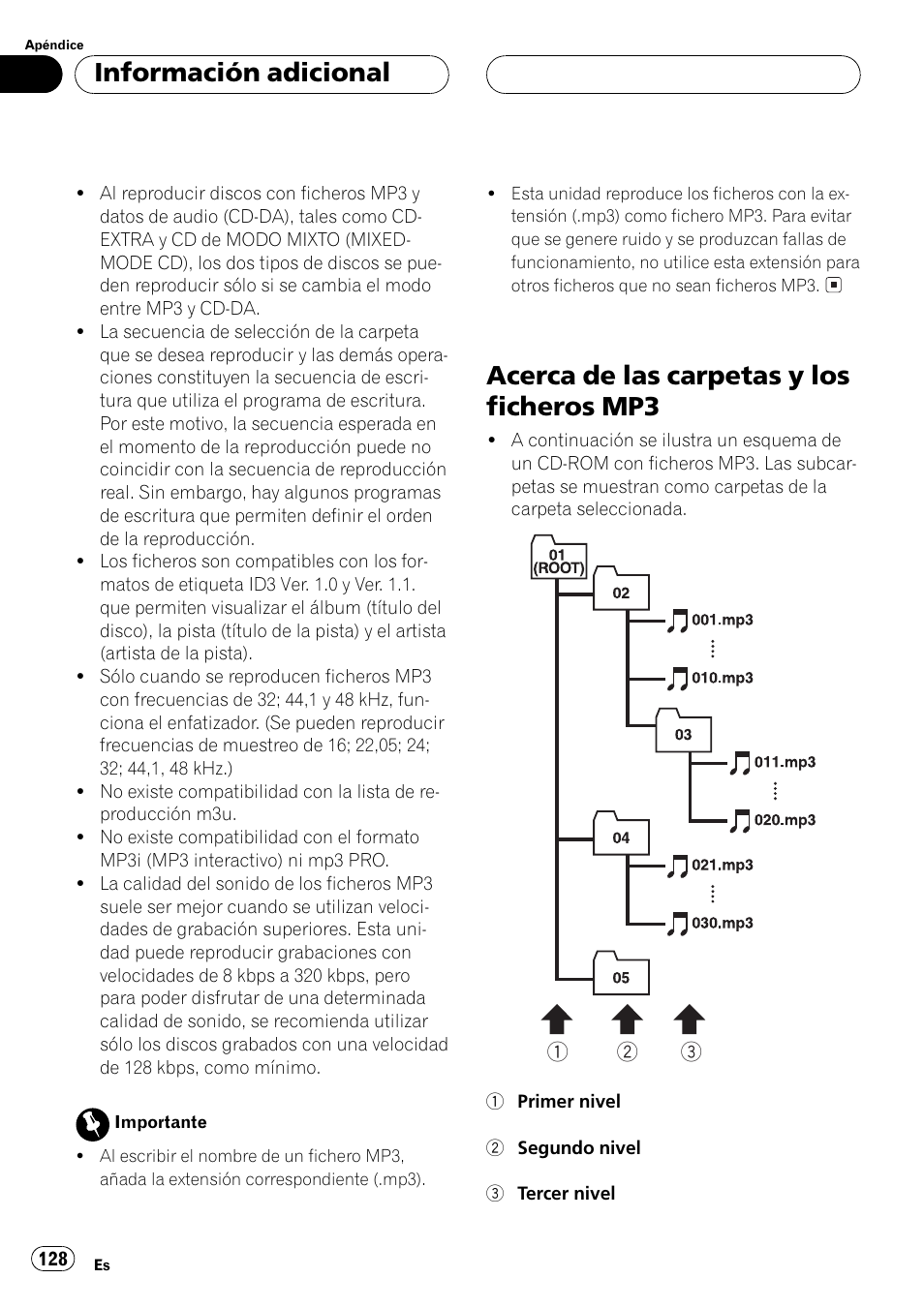 Acerca de las carpetas y los ficheros, Mp3 128, Acerca de las carpetas y los ficheros mp3 | Información adicional | Pioneer DEH P4500MP User Manual | Page 128 / 136