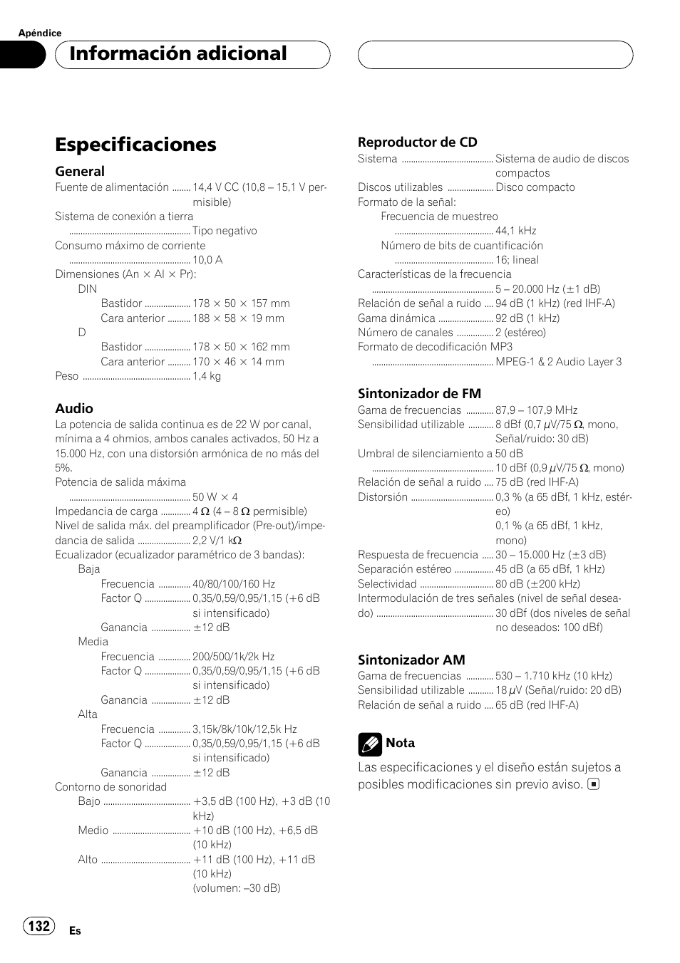 Especificaciones 132, Especificaciones, Información adicional | Pioneer DEH P4500MP User Manual | Page 132 / 136