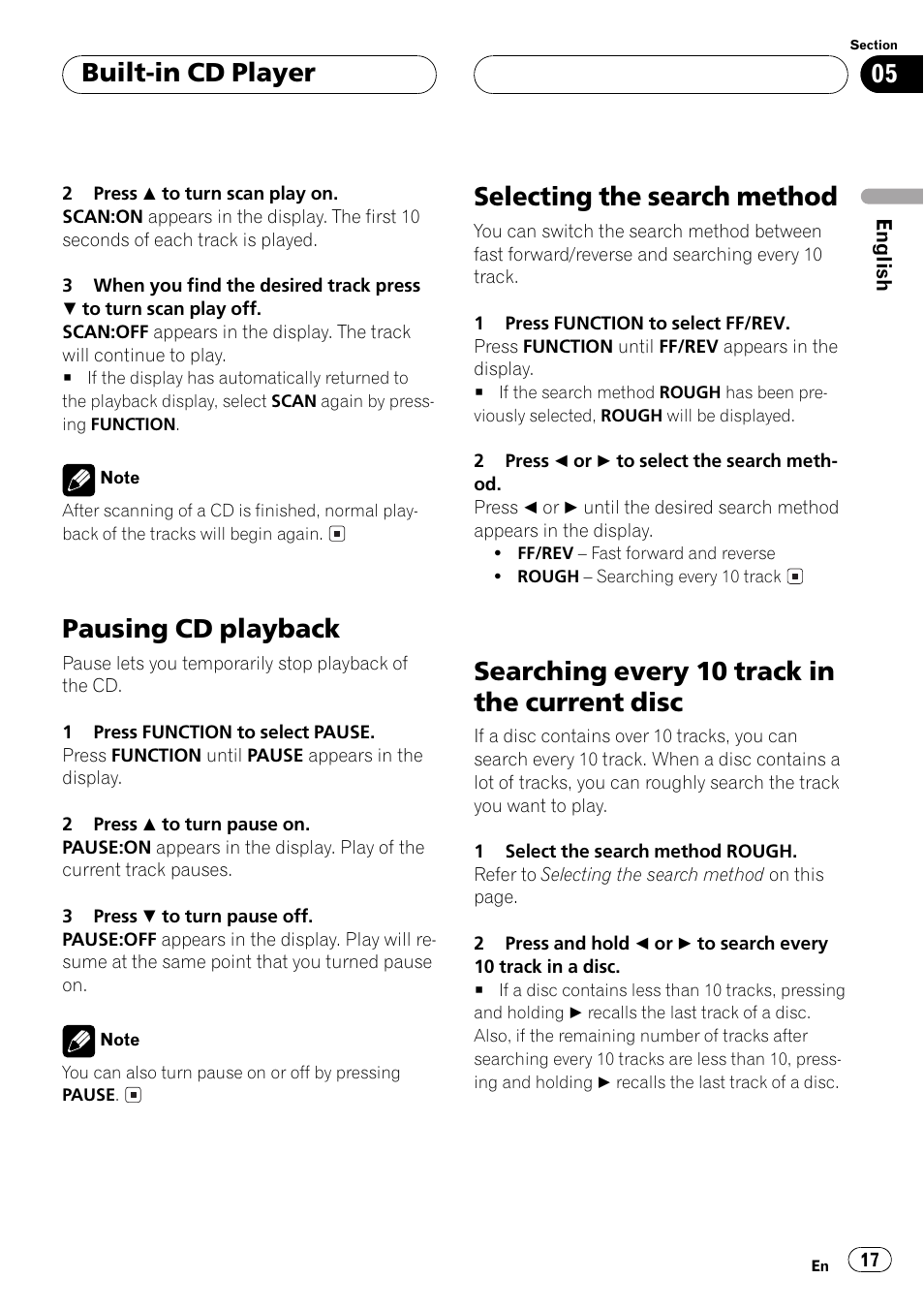 Disc 17, Pausing cd playback, Selecting the search method | Searching every 10 track in the current disc, Built-in cd player | Pioneer DEH P4500MP User Manual | Page 17 / 136
