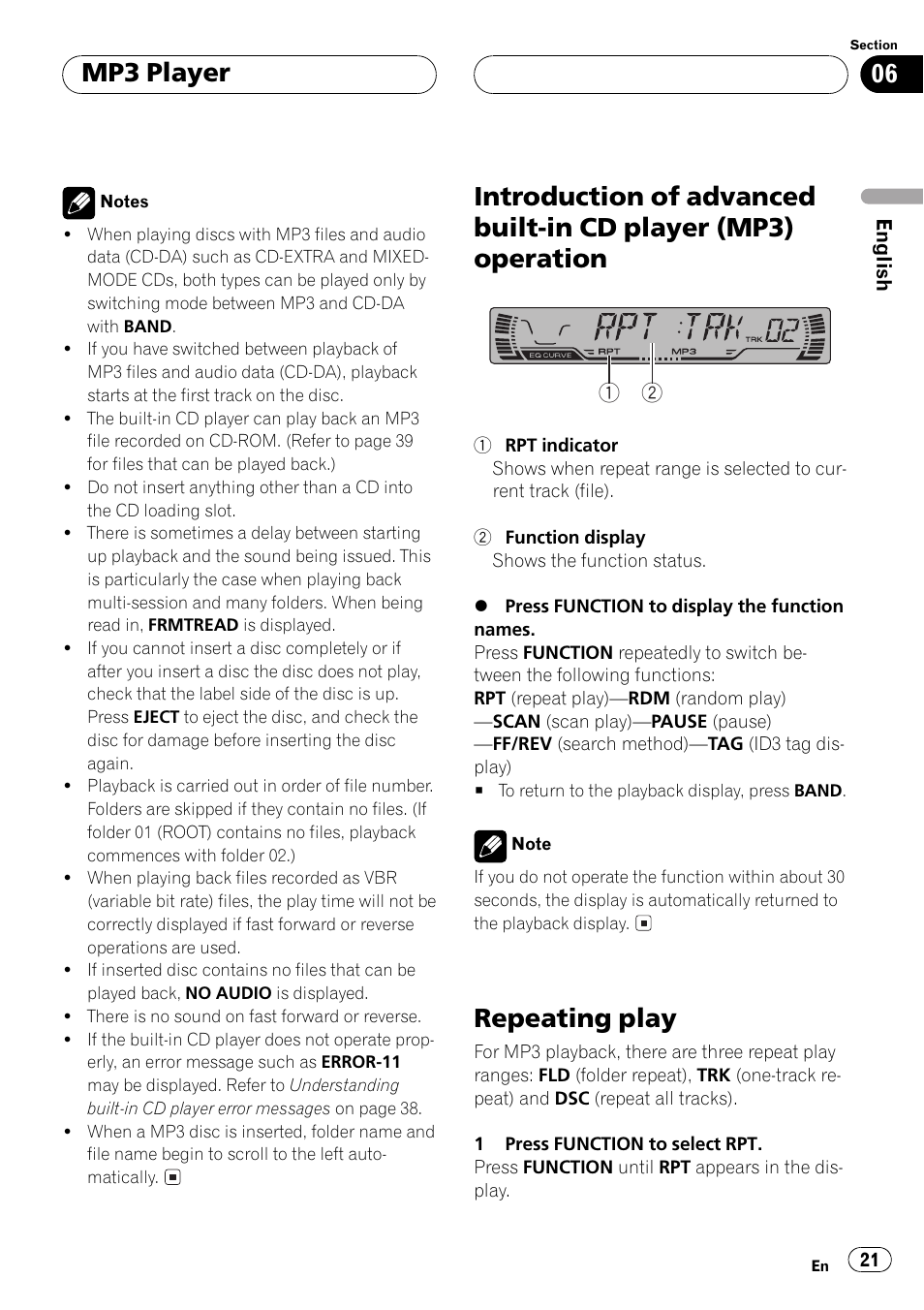 Introduction of advanced built-in cd player, Mp3) operation 21, Repeating play 21 | Repeating play, Mp3 player | Pioneer DEH P4500MP User Manual | Page 21 / 136