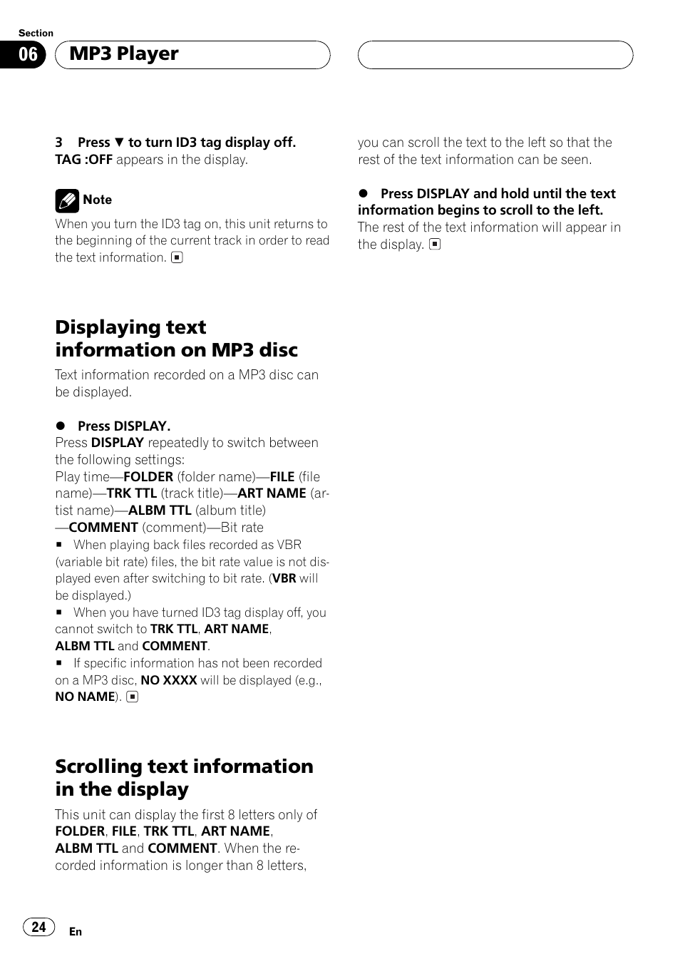 Displaying text information on mp3 disc, Scrolling text information in the display, Mp3 player | Pioneer DEH P4500MP User Manual | Page 24 / 136