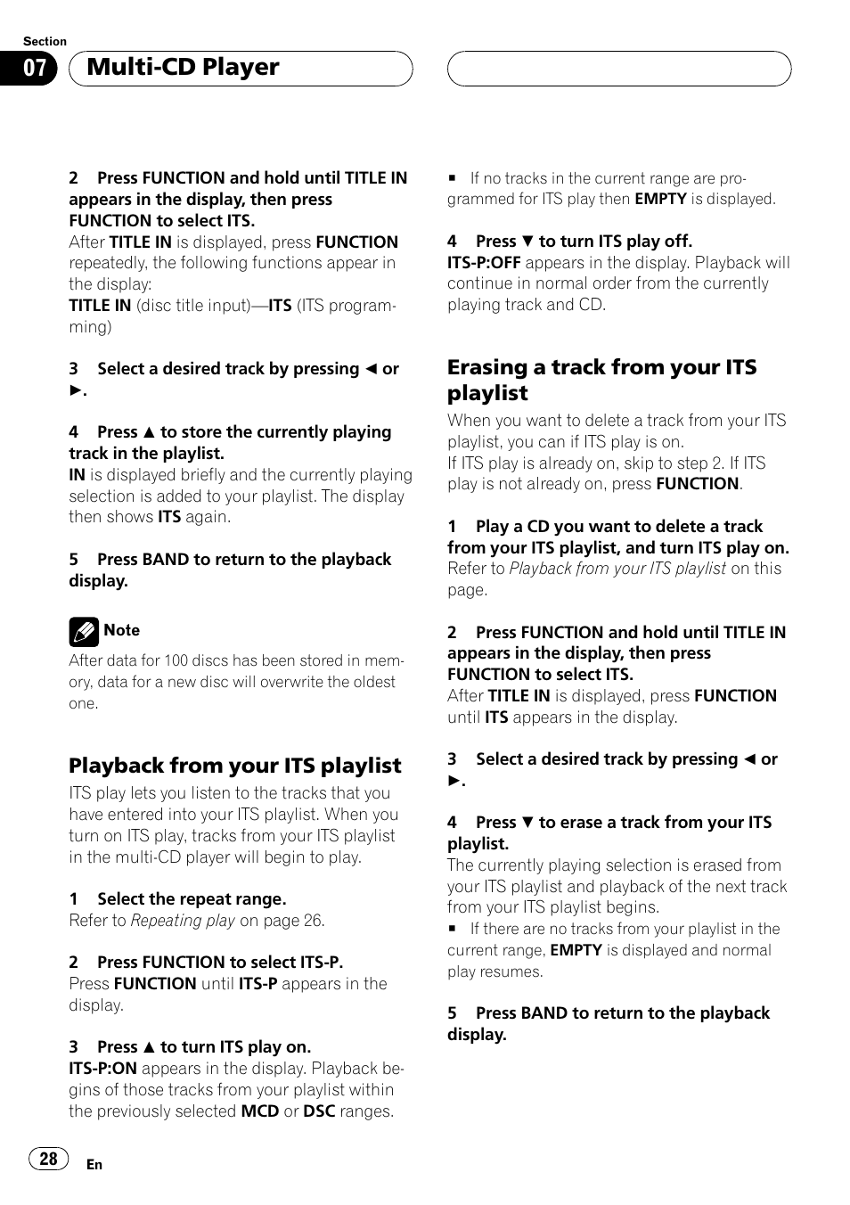 Playback from your its playlist 28, Erasing a track from your its, Playlist 28 | Multi-cd player, Playback from your its playlist, Erasing a track from your its playlist | Pioneer DEH P4500MP User Manual | Page 28 / 136