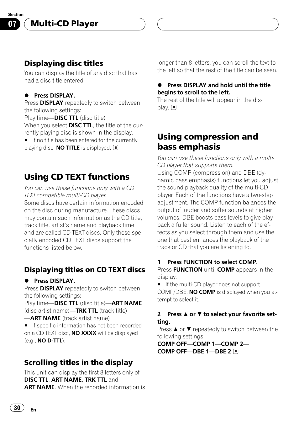 Displaying disc titles 30, Using cd text functions 30, Displaying titles on cd text | Discs 30, Scrolling titles in the display 30, Using compression and bass emphasis 30, Using cd text functions, Using compression and bass emphasis, Multi-cd player | Pioneer DEH P4500MP User Manual | Page 30 / 136