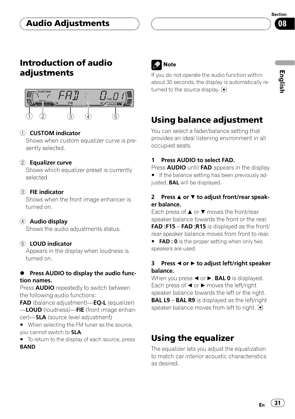 Introduction of audio adjustments, Using balance adjustment, Using the equalizer | Audio adjustments | Pioneer DEH P4500MP User Manual | Page 31 / 136