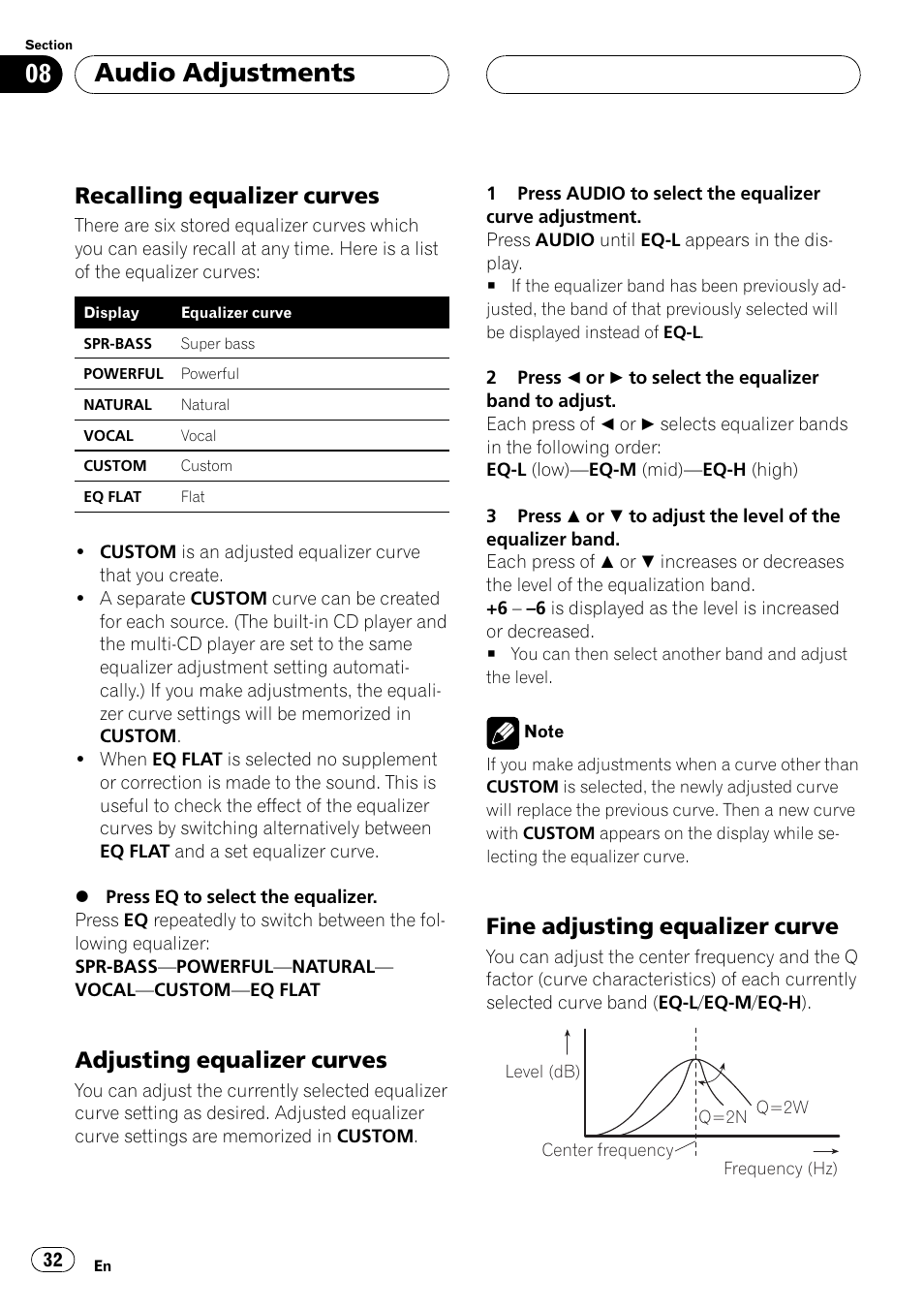 Recalling equalizer curves 32, Adjusting equalizer curves 32, Fine adjusting equalizer curve 32 | Audio adjustments, Recalling equalizer curves, Adjusting equalizer curves, Fine adjusting equalizer curve | Pioneer DEH P4500MP User Manual | Page 32 / 136