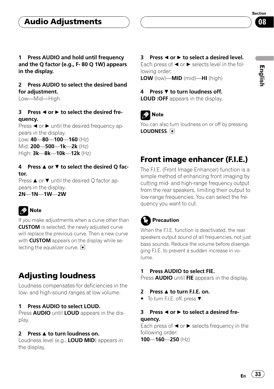 Adjusting loudness, Front image enhancer (f.i.e.), Audio adjustments | Pioneer DEH P4500MP User Manual | Page 33 / 136