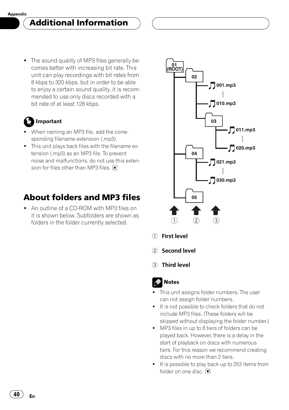 About folders and mp3 files 40, About folders and mp3 files, Additional information | Pioneer DEH P4500MP User Manual | Page 40 / 136