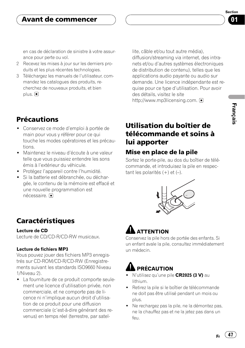 Soins à lui apporter 47, Mise en place de la pile 47, Précautions | Caractéristiques, Avant de commencer | Pioneer DEH P4500MP User Manual | Page 47 / 136