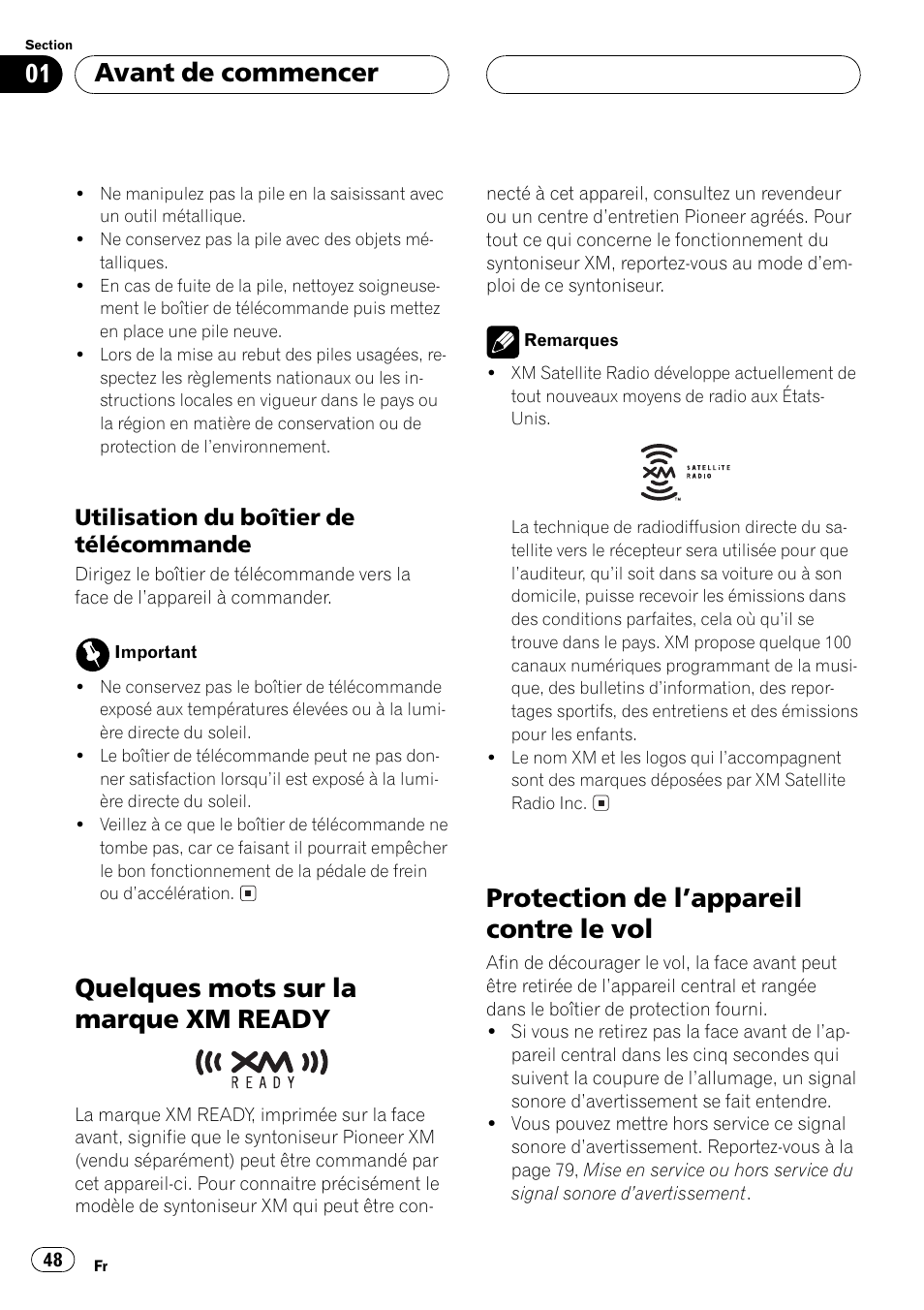 Utilisation du boîtier de, Télécommande 48, Quelques mots sur la marque xm | Ready 48, Protection de lappareil contre le vol 48, Quelques mots sur la marque xmready, Protection de lappareil contre le vol, Avant de commencer | Pioneer DEH P4500MP User Manual | Page 48 / 136