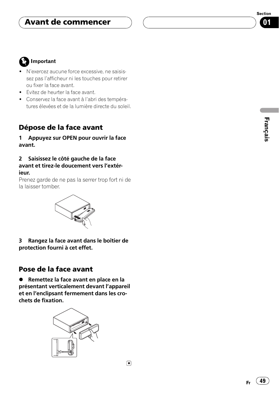 Dépose de la face avant 49, Pose de la face avant 49, Avant de commencer | Pioneer DEH P4500MP User Manual | Page 49 / 136