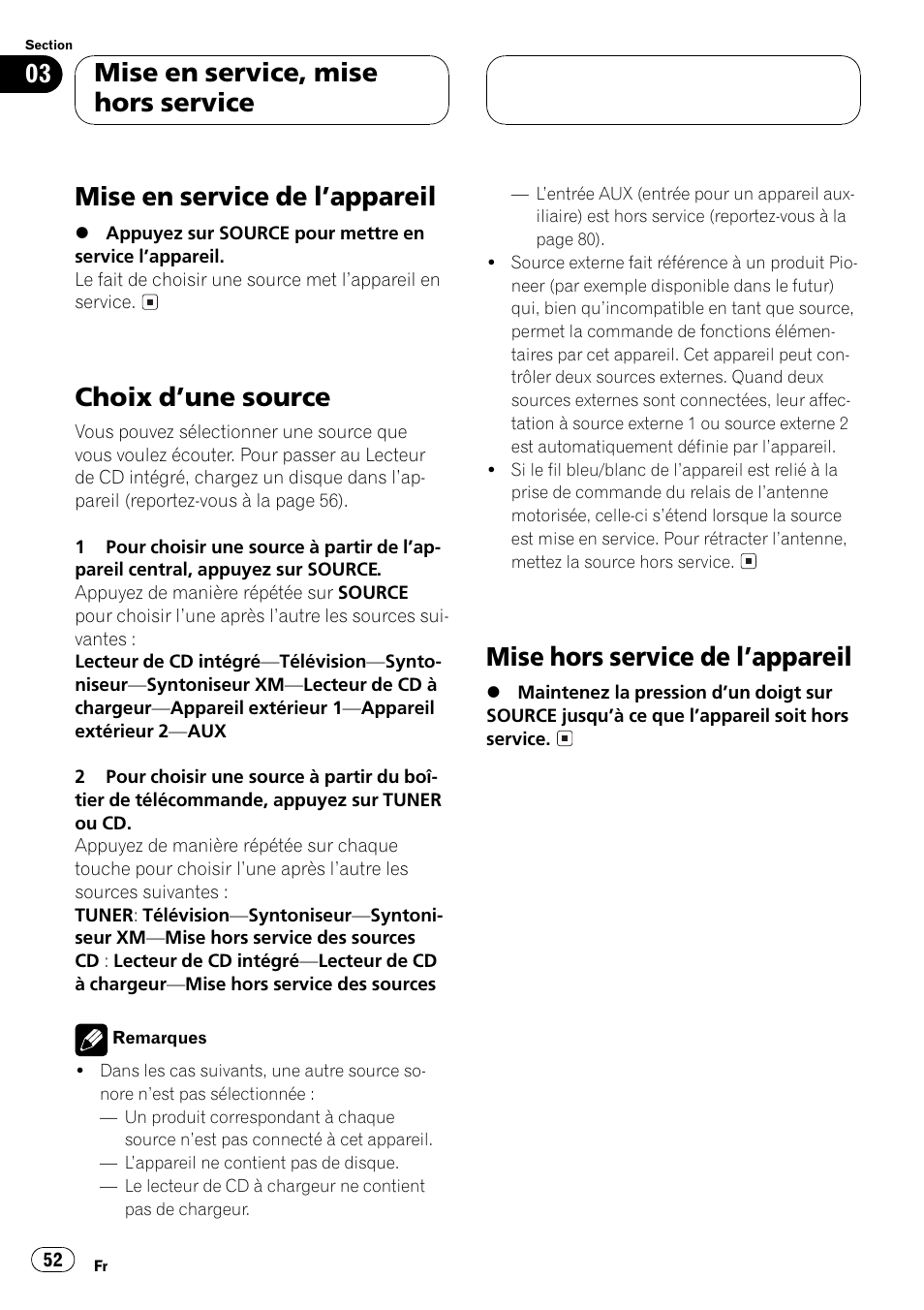 Mise en service de lappareil, Choix dune source, Mise hors service de lappareil | Mise en service, mise hors service | Pioneer DEH P4500MP User Manual | Page 52 / 136