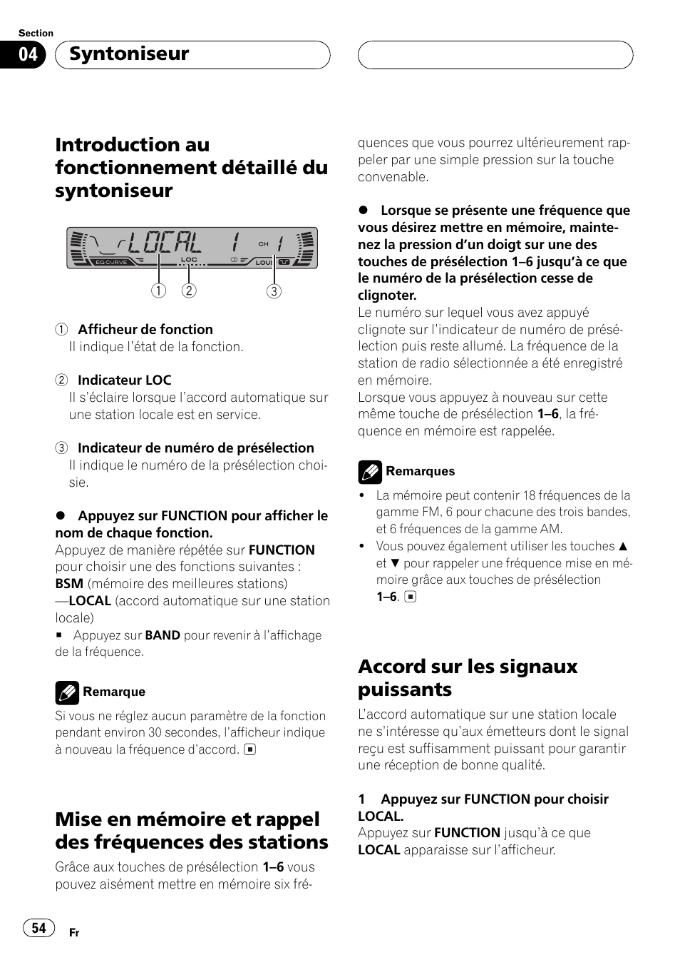 Introduction au fonctionnement détaillé du, Syntoniseur 54, Mise en mémoire et rappel des fréquences | Des stations 54, Accord sur les signaux puissants 54, Accord sur les signaux puissants, Syntoniseur | Pioneer DEH P4500MP User Manual | Page 54 / 136