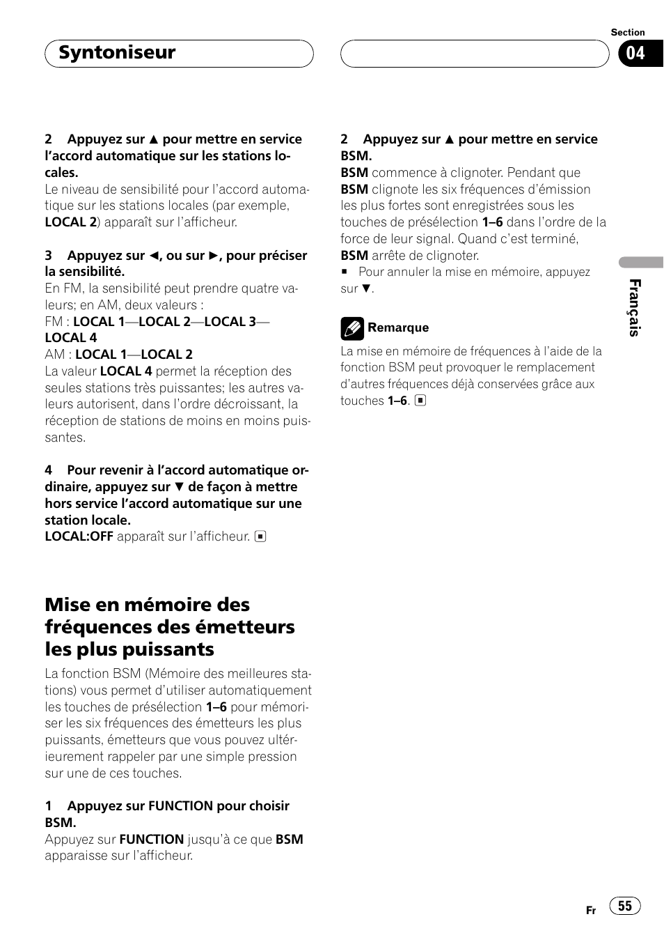 Mise en mémoire des fréquences des, Émetteurs les plus puissants 55, Syntoniseur | Pioneer DEH P4500MP User Manual | Page 55 / 136