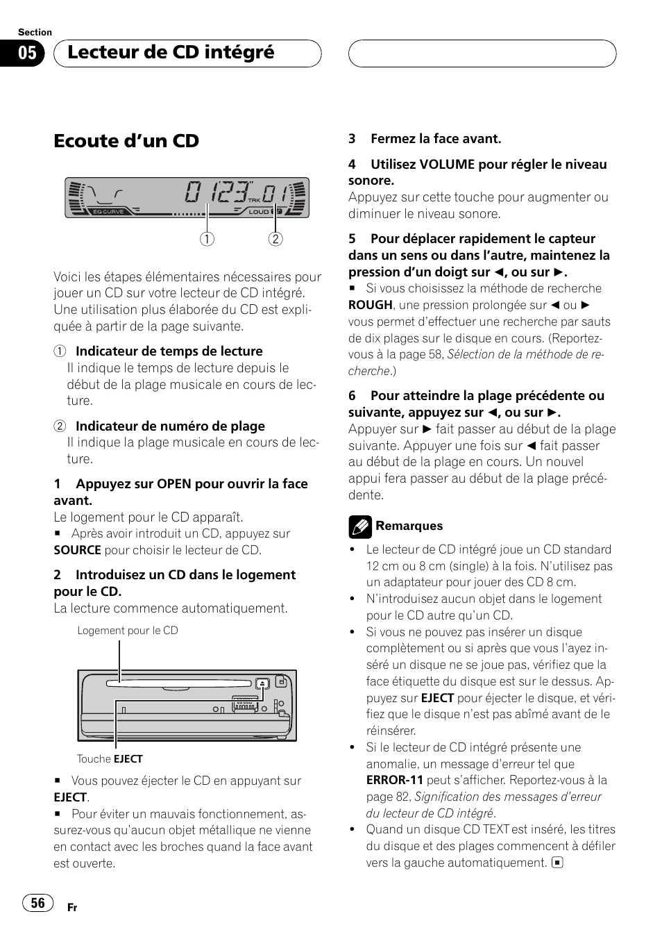 Lecteur de cd intégré ecoute dun cd 56, Ecoute dun cd, Lecteur de cd intégré | Pioneer DEH P4500MP User Manual | Page 56 / 136