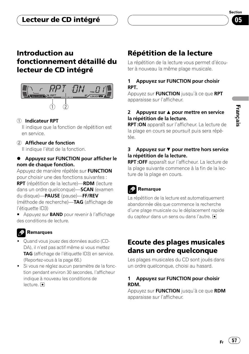 Introduction au fonctionnement détaillé du, Lecteur de cd intégré 57, Quelconque 57 | Répétition de la lecture, Lecteur de cd intégré | Pioneer DEH P4500MP User Manual | Page 57 / 136