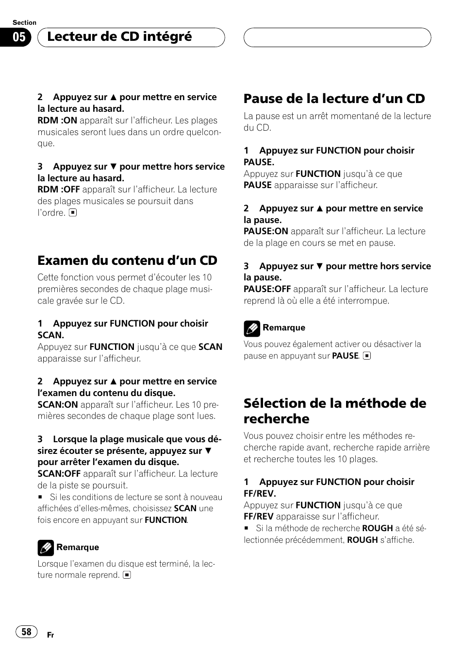 Examen du contenu dun cd, Pause de la lecture dun cd, Sélection de la méthode de recherche | Lecteur de cd intégré | Pioneer DEH P4500MP User Manual | Page 58 / 136