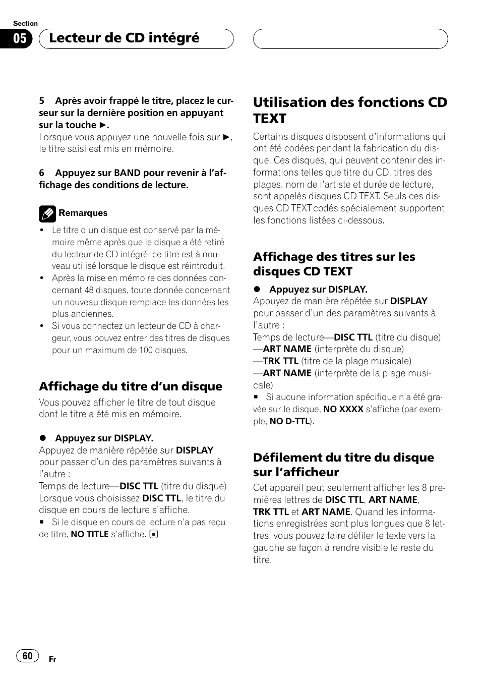 Affichage du titre dun disque 60, Utilisation des fonctions cd text 60, Affichage des titres sur les disques | Cd text 60, Défilement du titre du disque sur, Lafficheur 60, Utilisation des fonctions cd text, Lecteur de cd intégré | Pioneer DEH P4500MP User Manual | Page 60 / 136