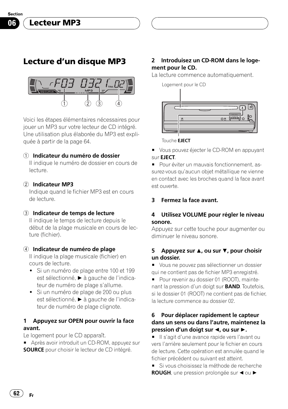 Lecteur mp3 lecture dun disque mp3 62, Lecture dun disque mp3, Lecteur mp3 | Pioneer DEH P4500MP User Manual | Page 62 / 136