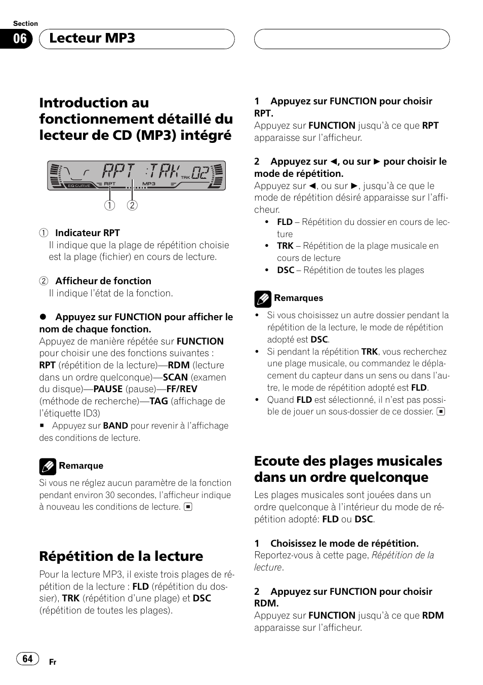 Introduction au fonctionnement détaillé du, Lecteur de cd (mp3) intégré 64, Quelconque 64 | Répétition de la lecture, Lecteur mp3 | Pioneer DEH P4500MP User Manual | Page 64 / 136
