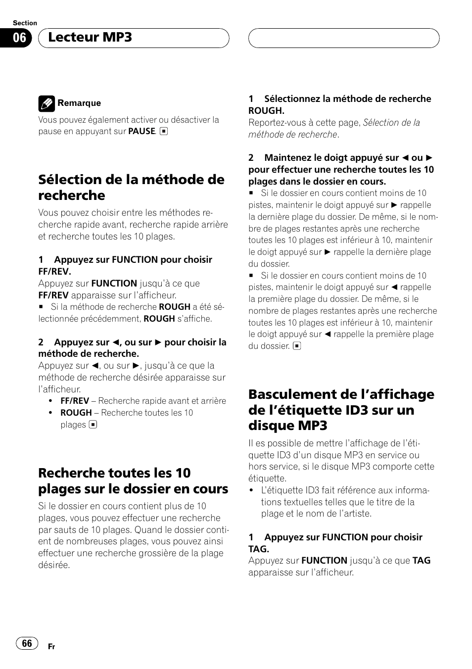 En cours 66, Basculement de laffichage de létiquette id3, Sur un disque mp3 66 | Sélection de la méthode de recherche, Lecteur mp3 | Pioneer DEH P4500MP User Manual | Page 66 / 136