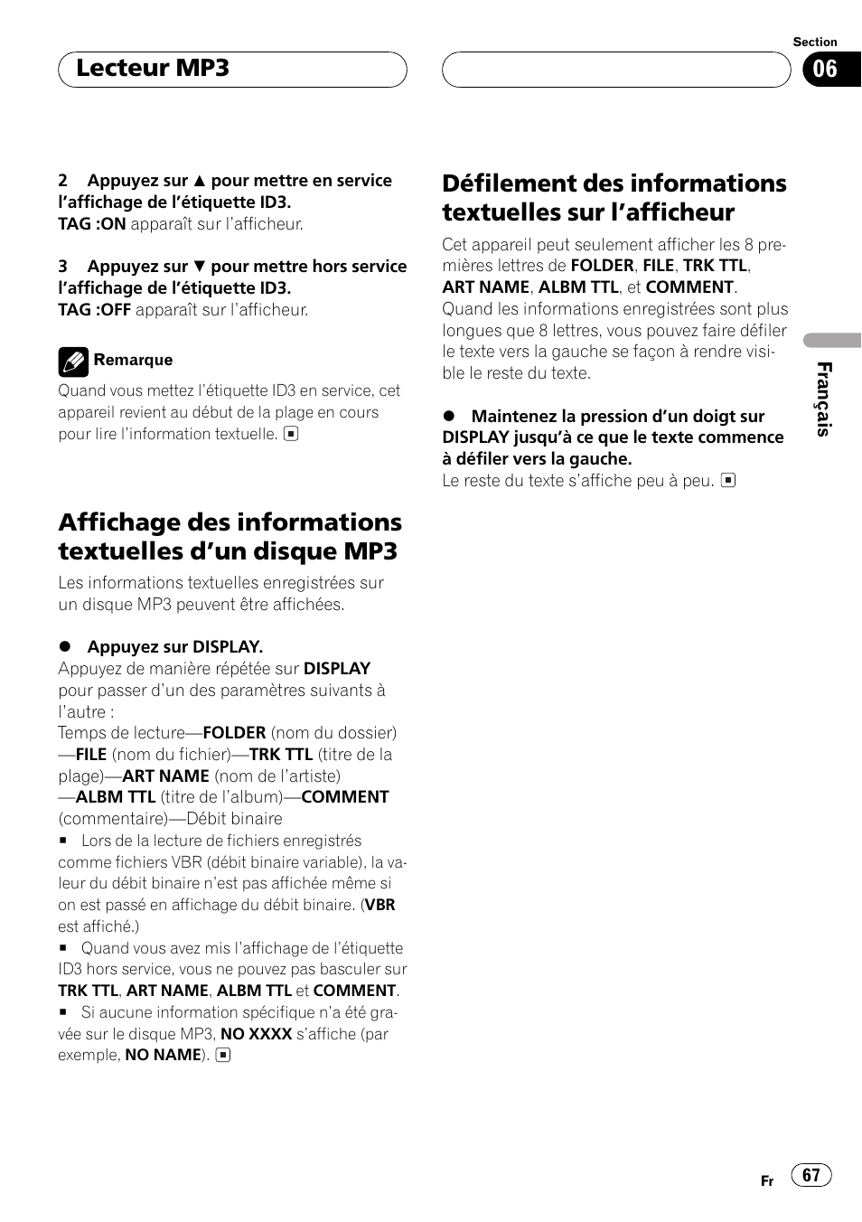 Affichage des informations textuelles dun, Disque mp3 67, Défilement des informations textuelles sur | Lafficheur 67, Lecteur mp3 | Pioneer DEH P4500MP User Manual | Page 67 / 136