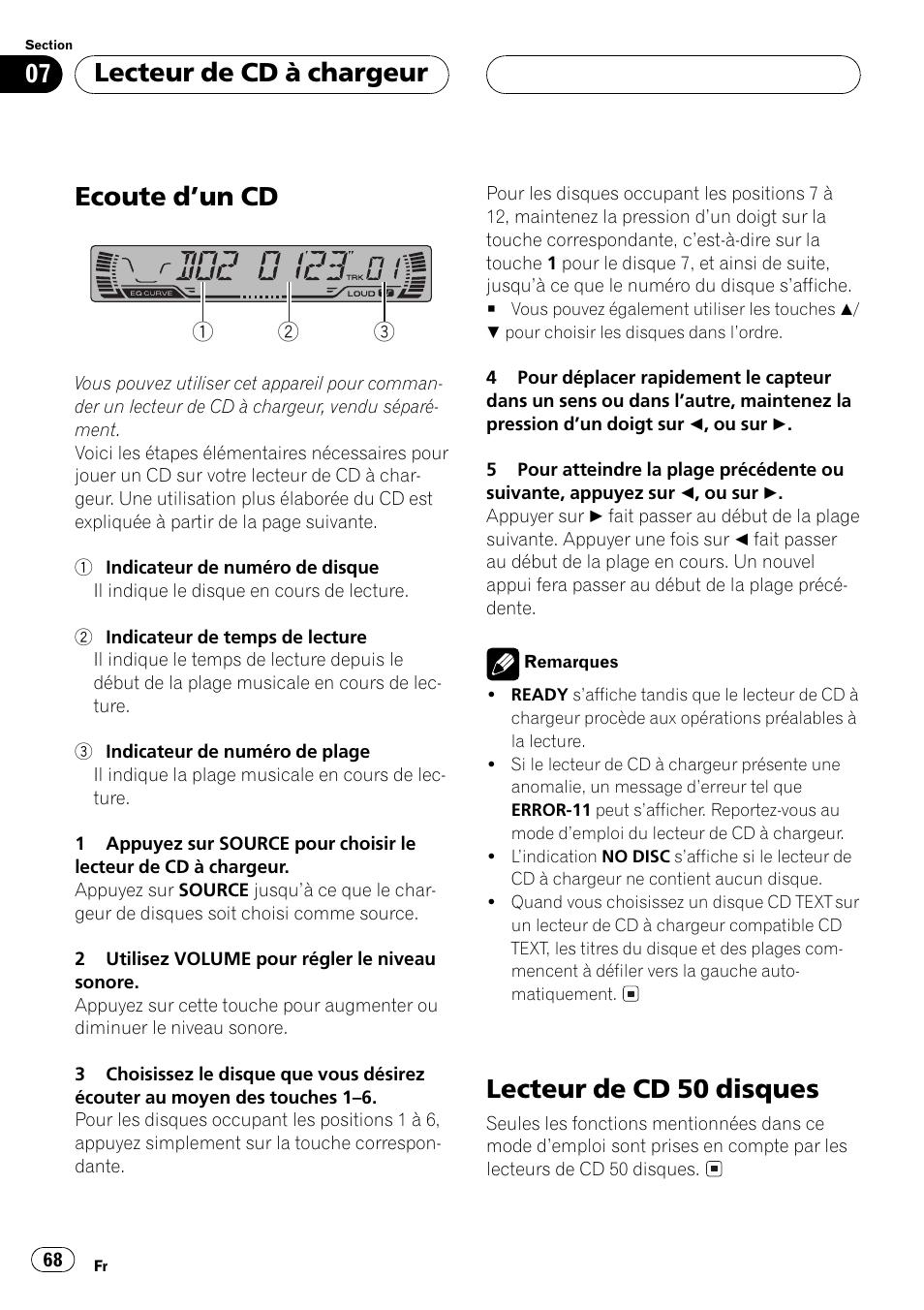 Ecoute dun cd, Lecteur de cd 50 disques, Lecteur de cd à chargeur | Pioneer DEH P4500MP User Manual | Page 68 / 136