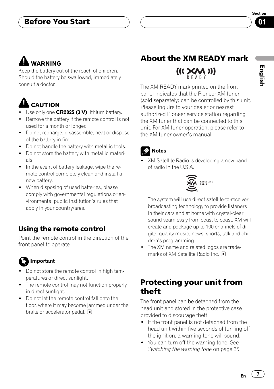 Using the remote control 7, About the xmready mark, Protecting your unit from theft | Before you start, Using the remote control | Pioneer DEH P4500MP User Manual | Page 7 / 136