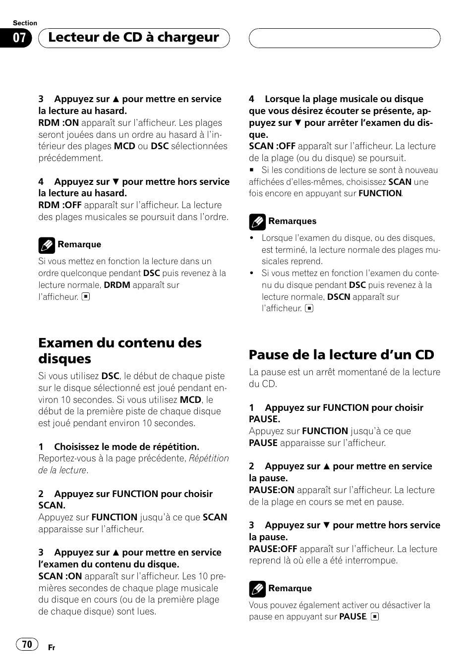 Examen du contenu des disques, Pause de la lecture dun cd, Lecteur de cd à chargeur | Pioneer DEH P4500MP User Manual | Page 70 / 136