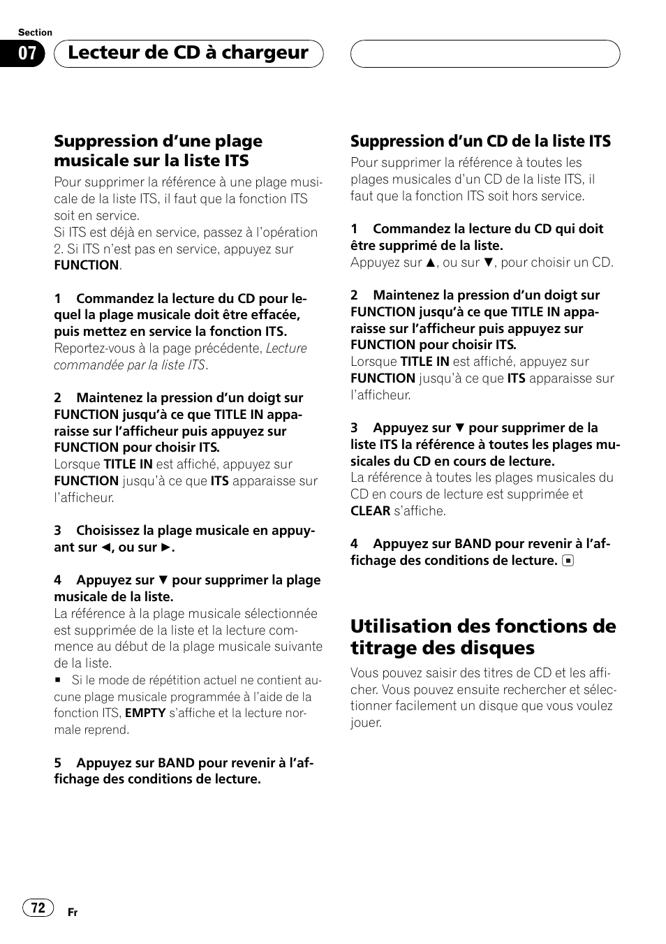 Suppression dune plage musicale sur, La liste its 72, Suppression dun cd de la liste | Its 72, Utilisation des fonctions de titrage des, Disques 72, Utilisation des fonctions de titrage des disques, Lecteur de cd à chargeur | Pioneer DEH P4500MP User Manual | Page 72 / 136